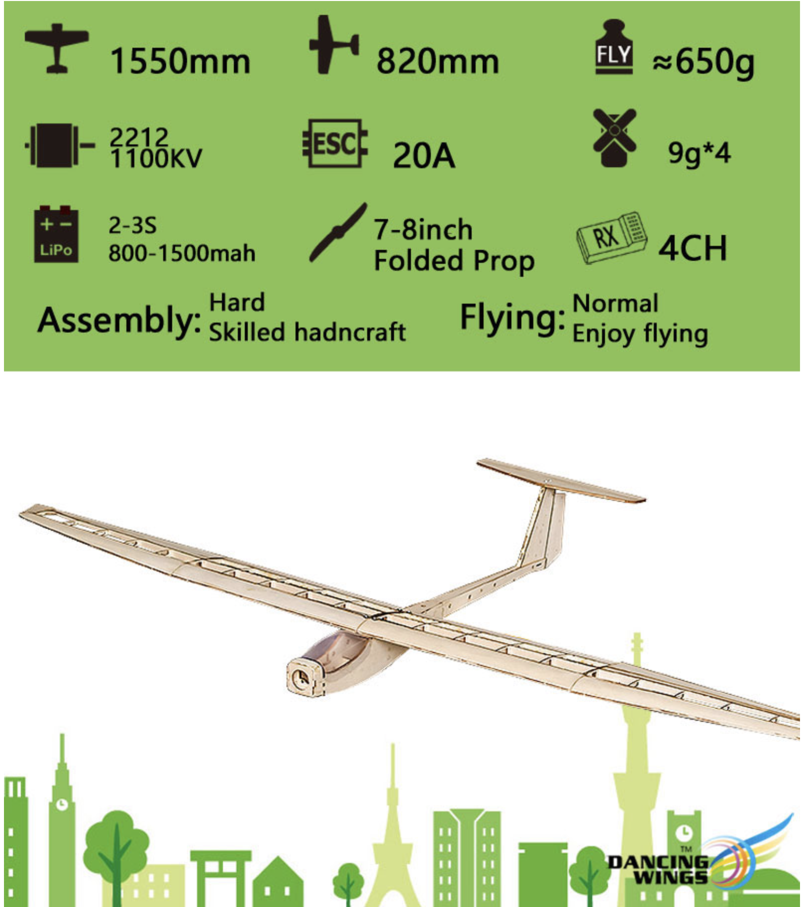 DW GRIFFEN GLIDER BALSA KIT 1.5M (1100KV MOTOR,20A ESC,PROP)
